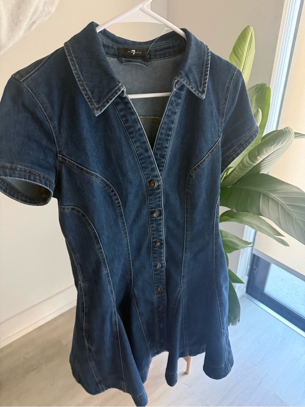 7 For All Mankind Dark Blue Denim Button-Front Mini Dress